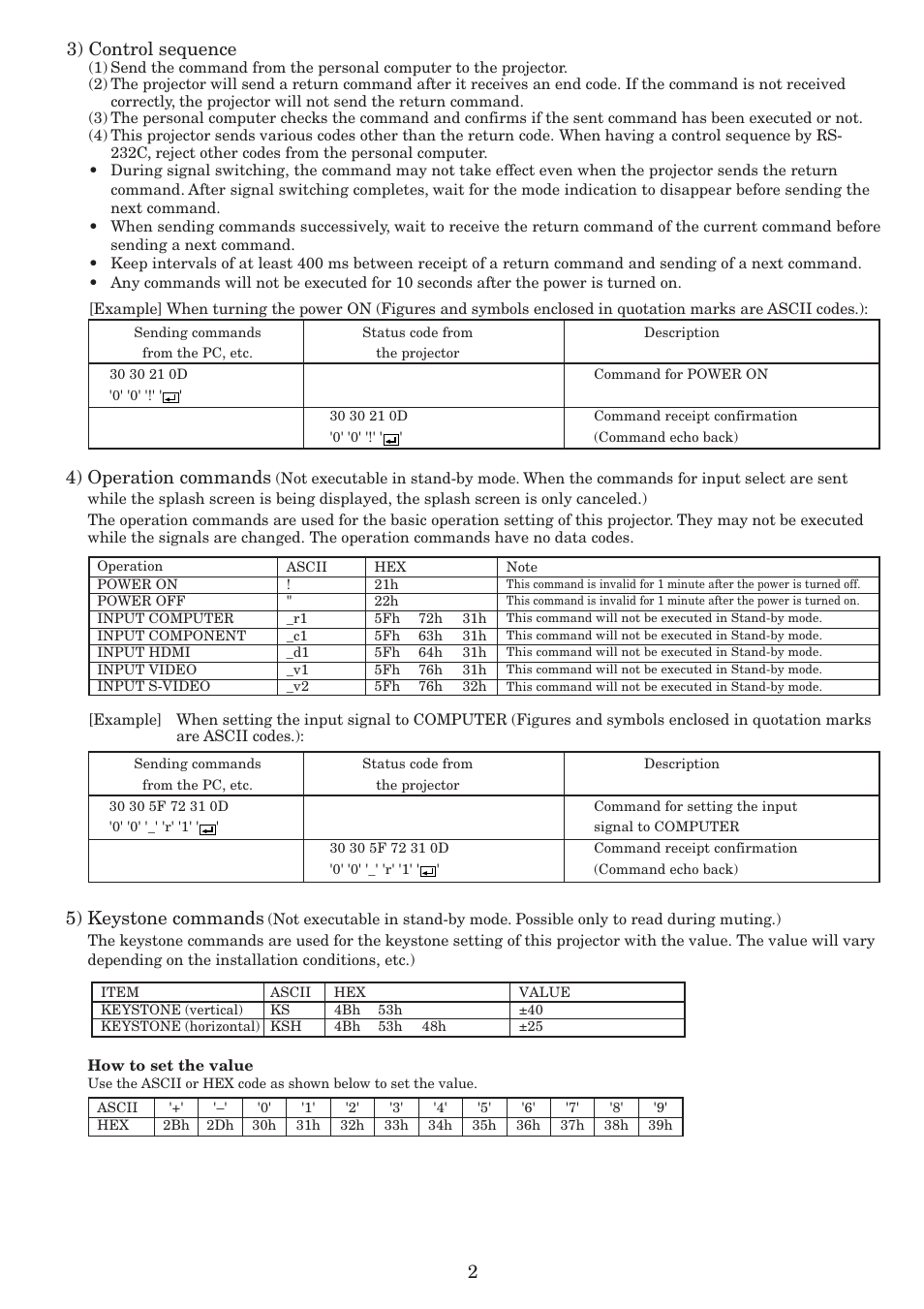 23) control sequence, 4) operation commands, 5) keystone commands | MITSUBISHI ELECTRIC HC3100 User Manual | Page 2 / 5