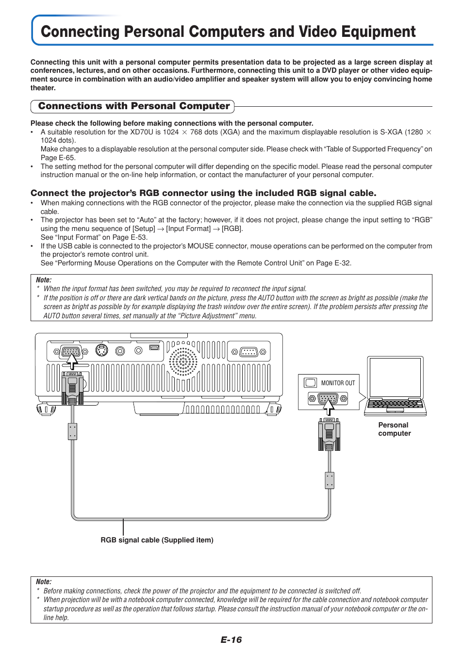 Connecting personal computers and video equipment, Connections with personal computer | MITSUBISHI ELECTRIC XD70U User Manual | Page 17 / 68