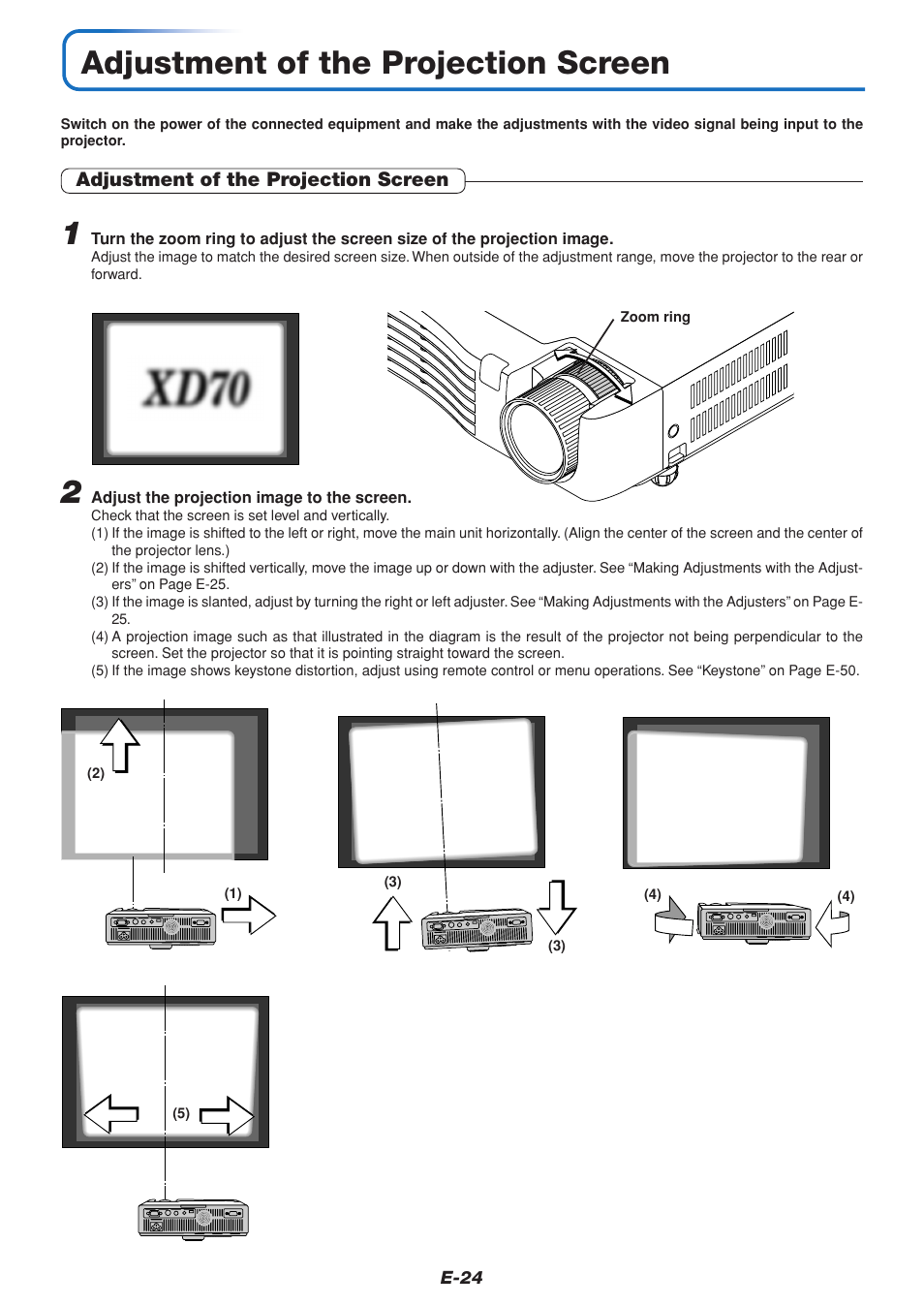 Adjustment of the projection screen | MITSUBISHI ELECTRIC XD70U User Manual | Page 25 / 68