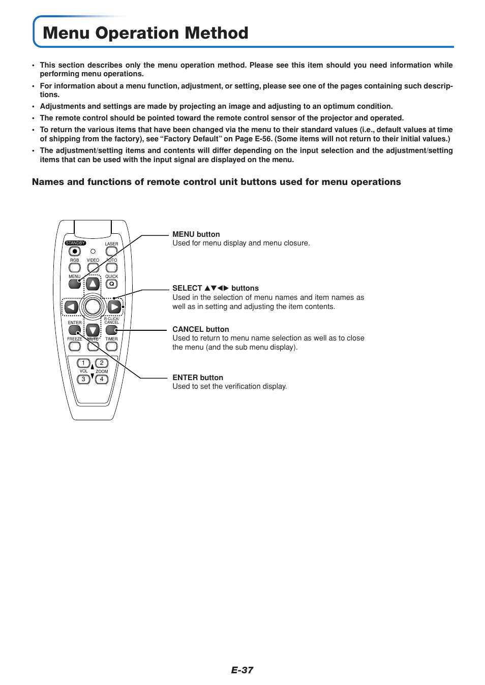 Menu operation method, E-37 | MITSUBISHI ELECTRIC XD70U User Manual | Page 38 / 68