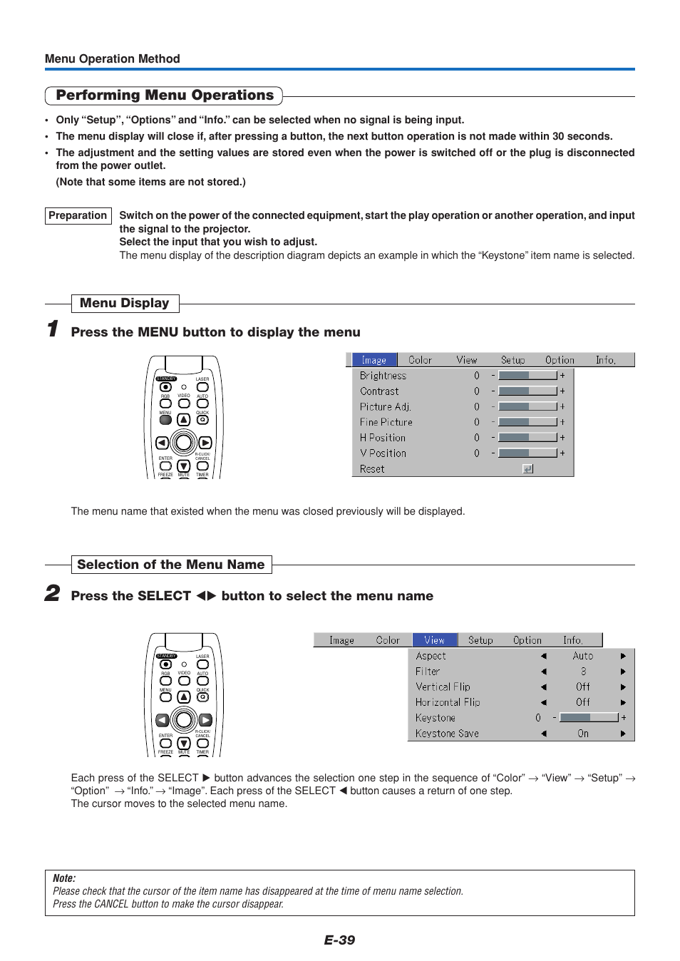 Performing menu operations, E-39, Menu operation method | MITSUBISHI ELECTRIC XD70U User Manual | Page 40 / 68