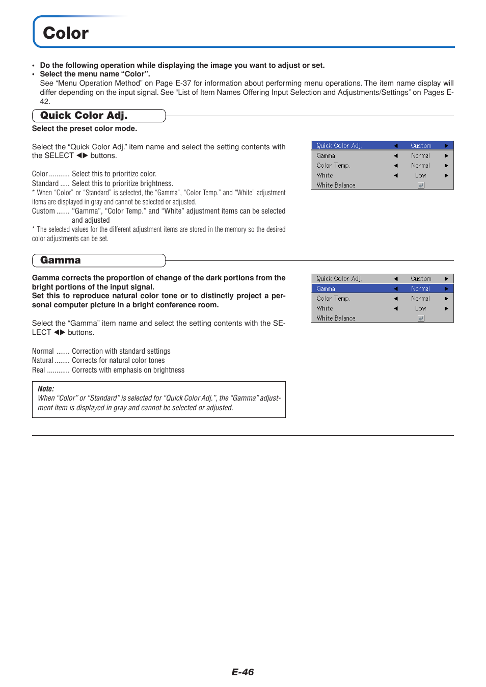 Color, Quick color adj, Gamma | MITSUBISHI ELECTRIC XD70U User Manual | Page 47 / 68