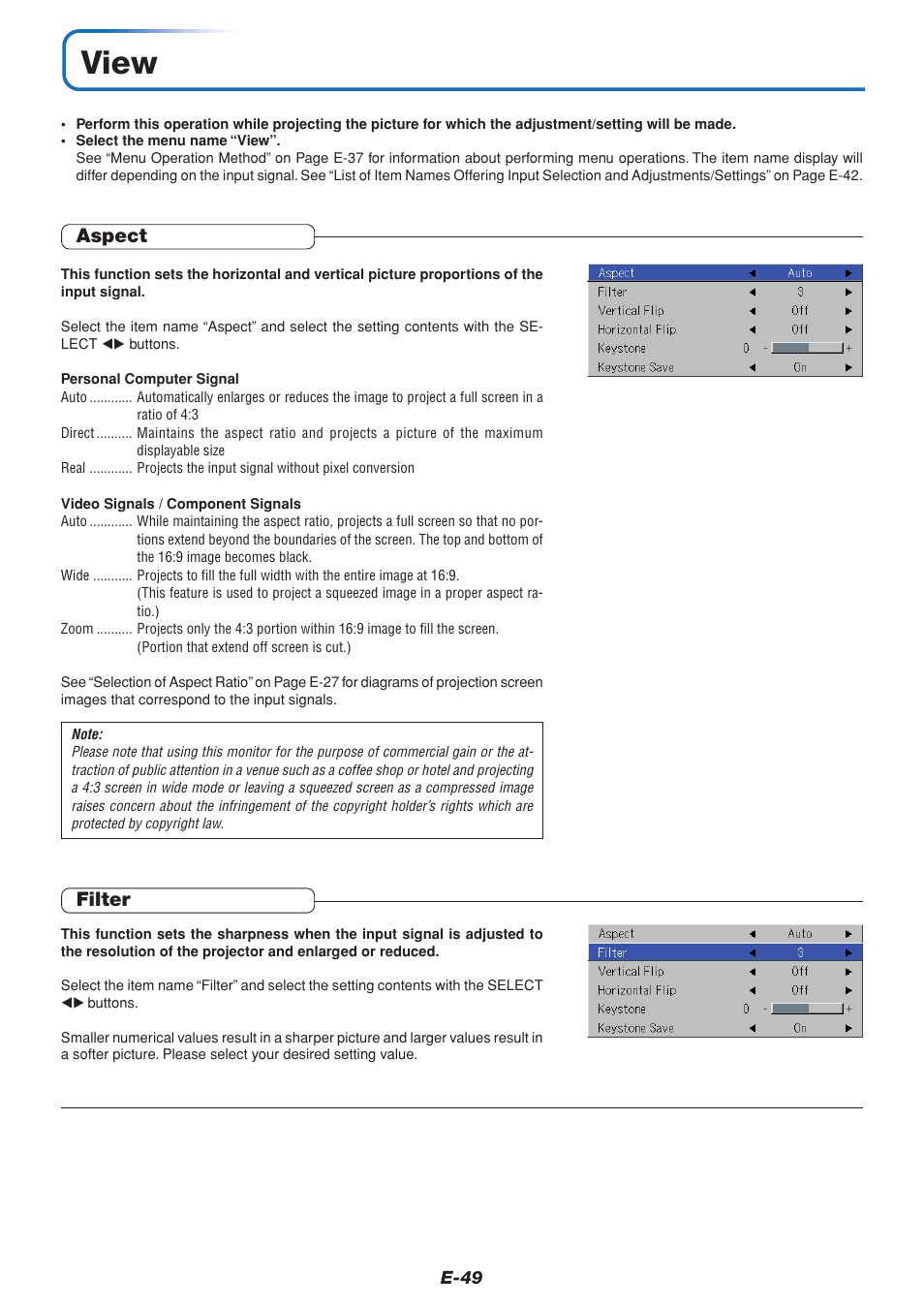 View, Aspect, Filter | MITSUBISHI ELECTRIC XD70U User Manual | Page 50 / 68