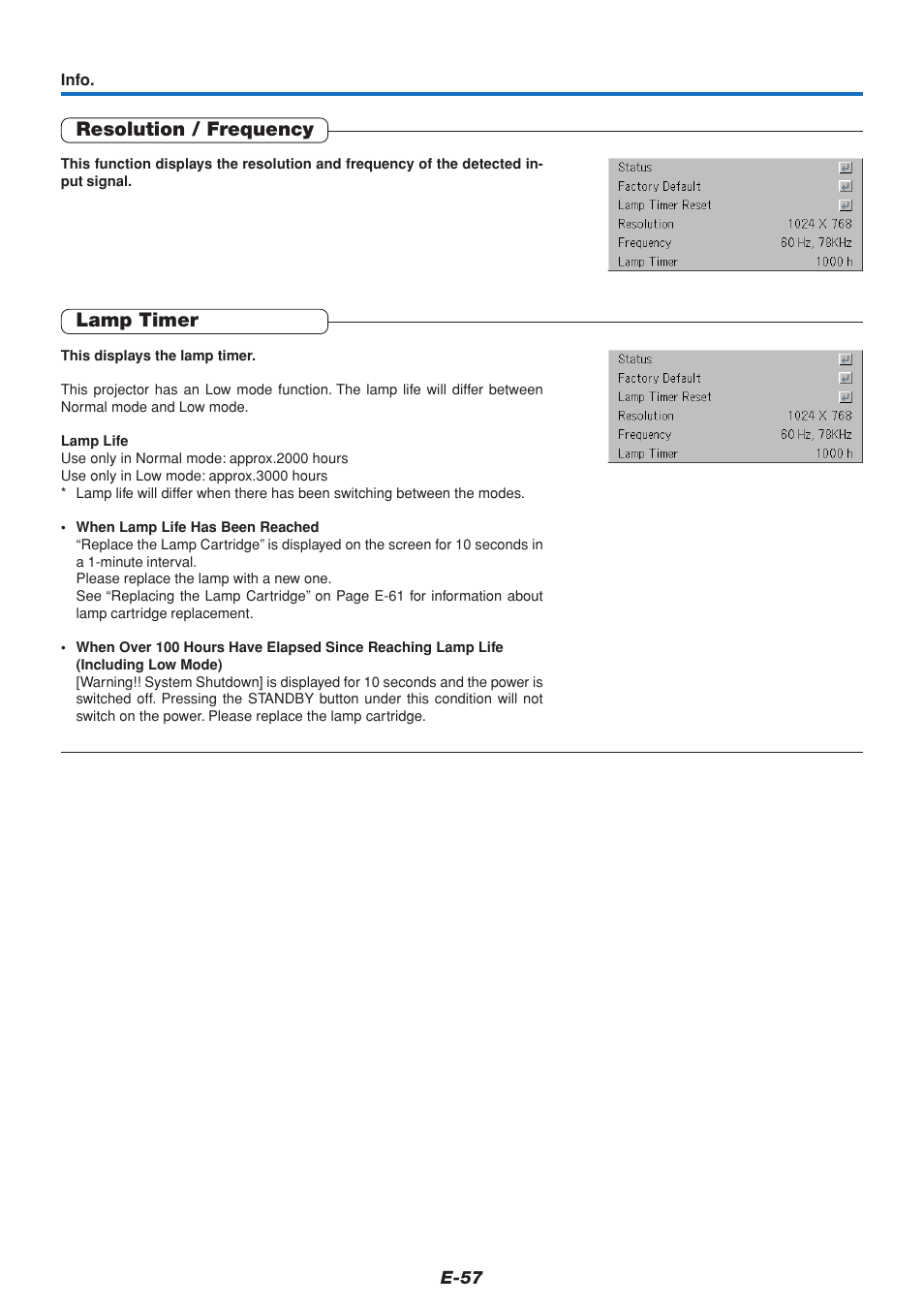 Resolution / frequency, Lamp timer | MITSUBISHI ELECTRIC XD70U User Manual | Page 58 / 68