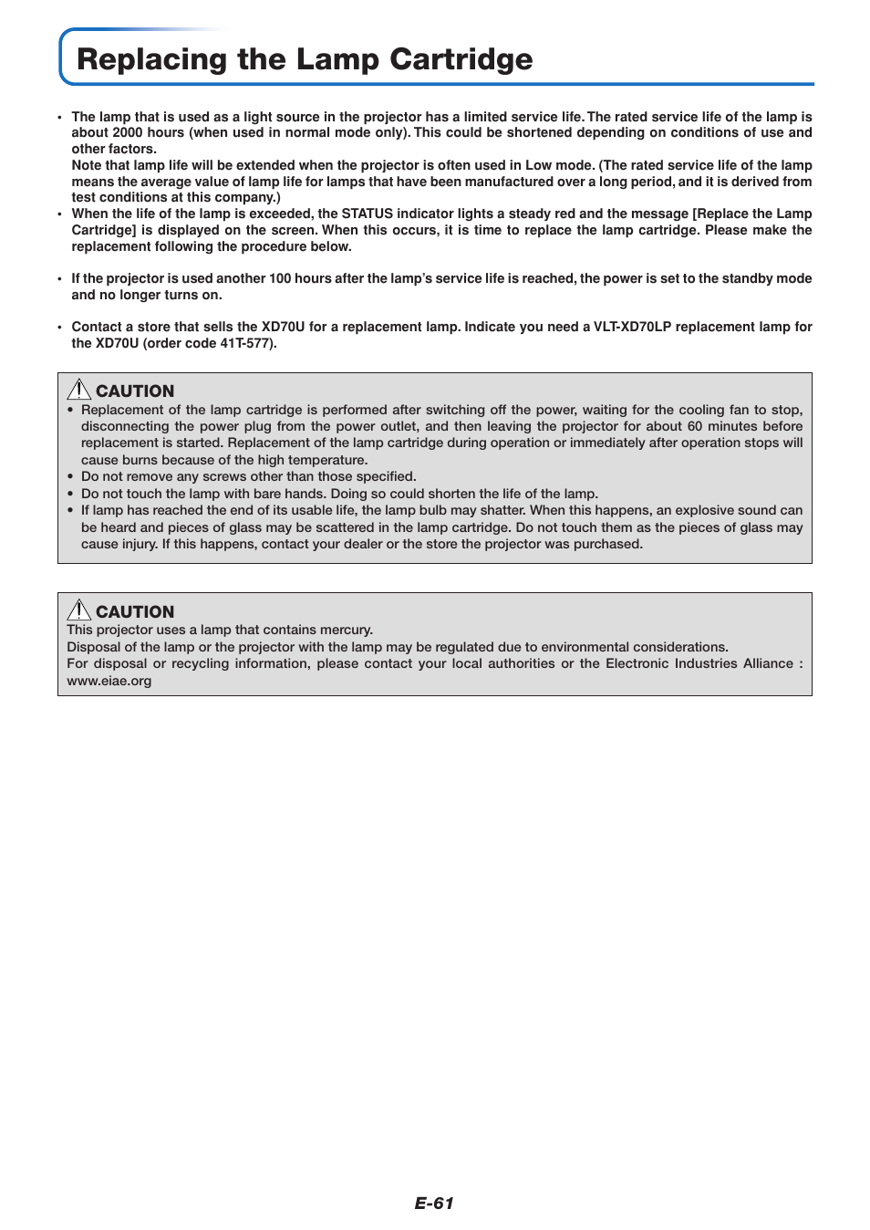 Replacing the lamp cartridge | MITSUBISHI ELECTRIC XD70U User Manual | Page 62 / 68