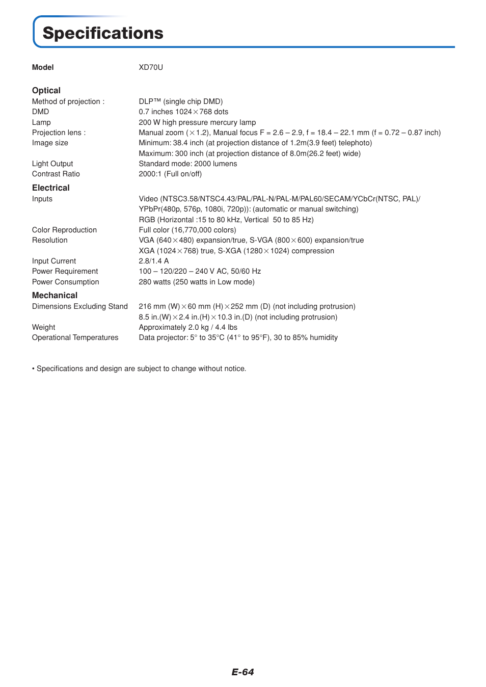 Specifications | MITSUBISHI ELECTRIC XD70U User Manual | Page 65 / 68