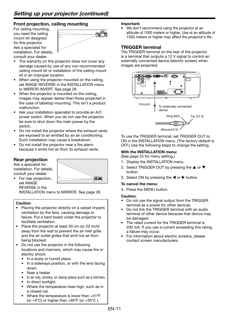 Setting up your projector (continued), En-11 front projection, ceiling mounting, Rear projection | Trigger terminal | MITSUBISHI ELECTRIC HDMI HC5000 User Manual | Page 11 / 12