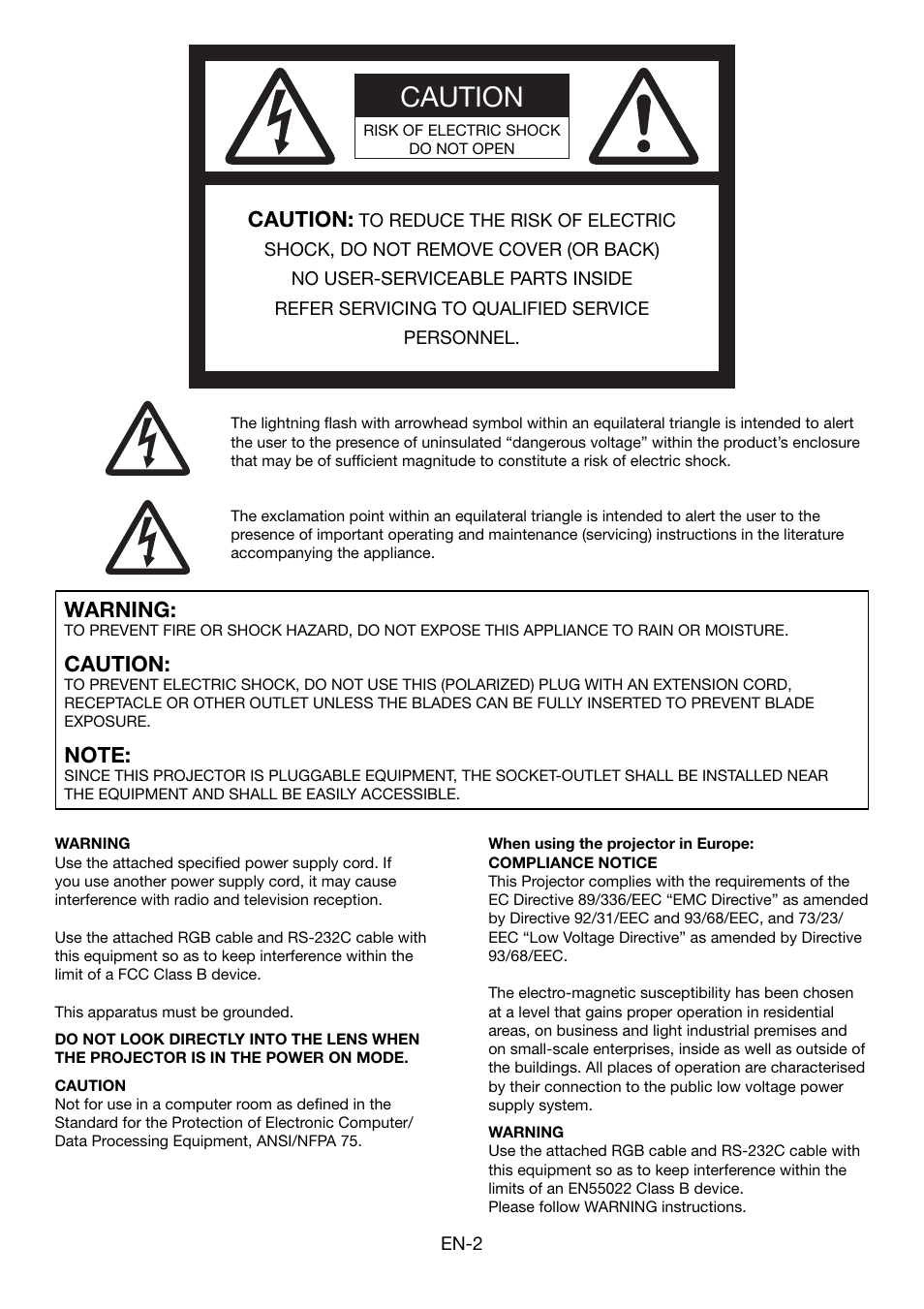 Caution, Warning | MITSUBISHI ELECTRIC HDMI HC5000 User Manual | Page 2 / 12