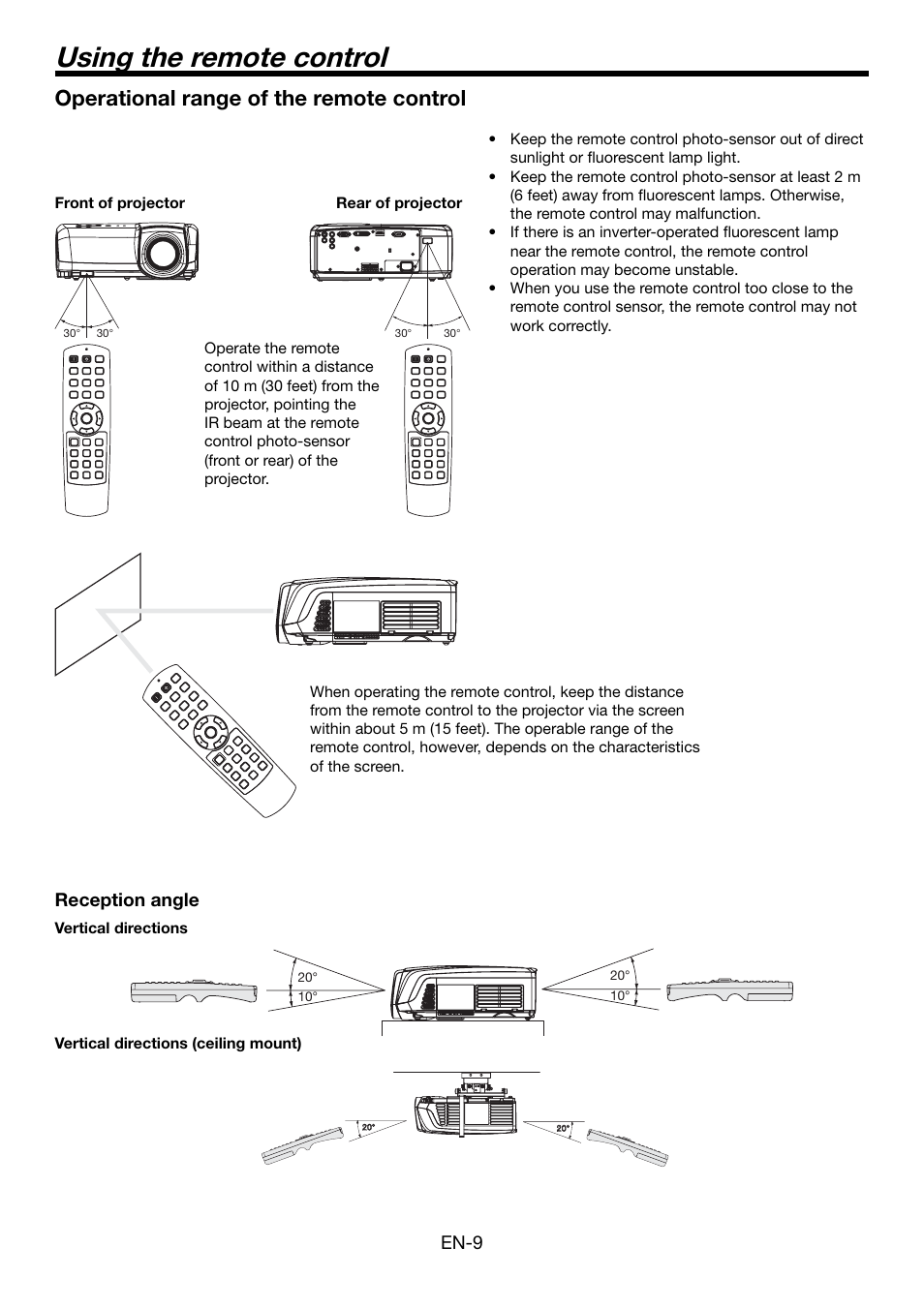 Using the remote control, Operational range of the remote control, En-9 | Reception angle | MITSUBISHI ELECTRIC HDMI HC5000 User Manual | Page 9 / 12