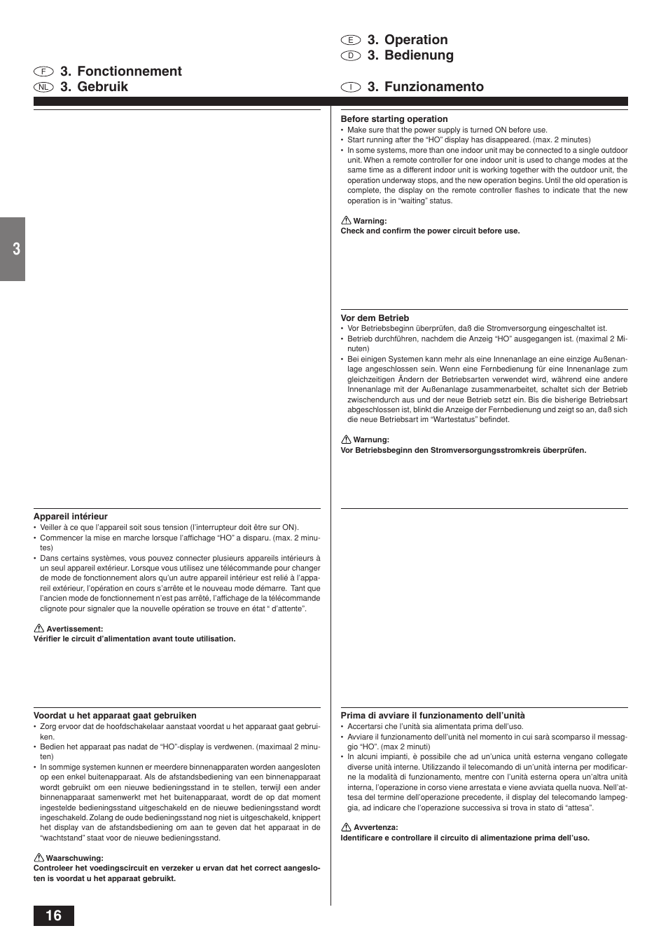 Operation 3. bedienung, Fonctionnement 3. gebruik 3. funzionamento | MITSUBISHI ELECTRIC CITY MULTI PKFY-PVAM-A User Manual | Page 16 / 50