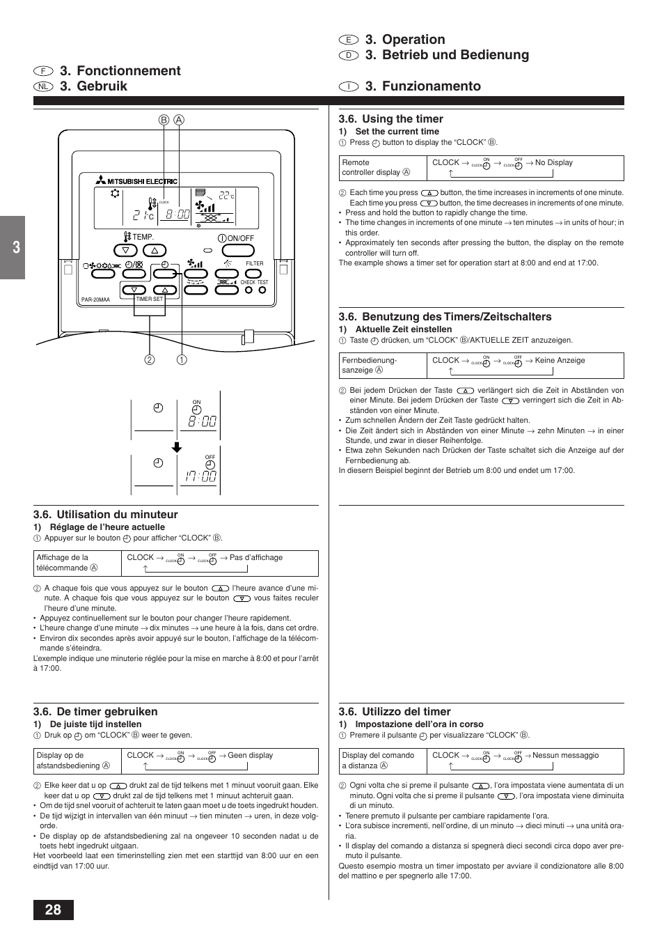 Operation, Betrieb und bedienung, Fonctionnement | Gebruik, Funzionamento, A2 1 b, Using the timer, Benutzung des timers/zeitschalters, Utilisation du minuteur, De timer gebruiken | MITSUBISHI ELECTRIC CITY MULTI PKFY-PVAM-A User Manual | Page 28 / 50