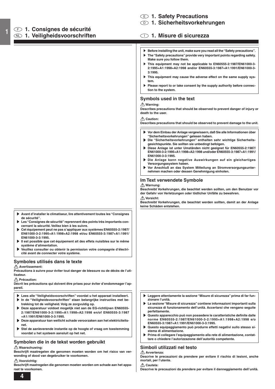 Safety precautions, Sicherheitsvorkehrungen 1. consignes de sécurité, Veiligheidsvoorschriften | Misure di sicurezza, Symbols used in the text, Im text verwendete symbole, Symboles utilisés dans le texte, Symbolen die in de tekst worden gebruikt, Simboli utilizzati nel testo | MITSUBISHI ELECTRIC CITY MULTI PKFY-PVAM-A User Manual | Page 4 / 50