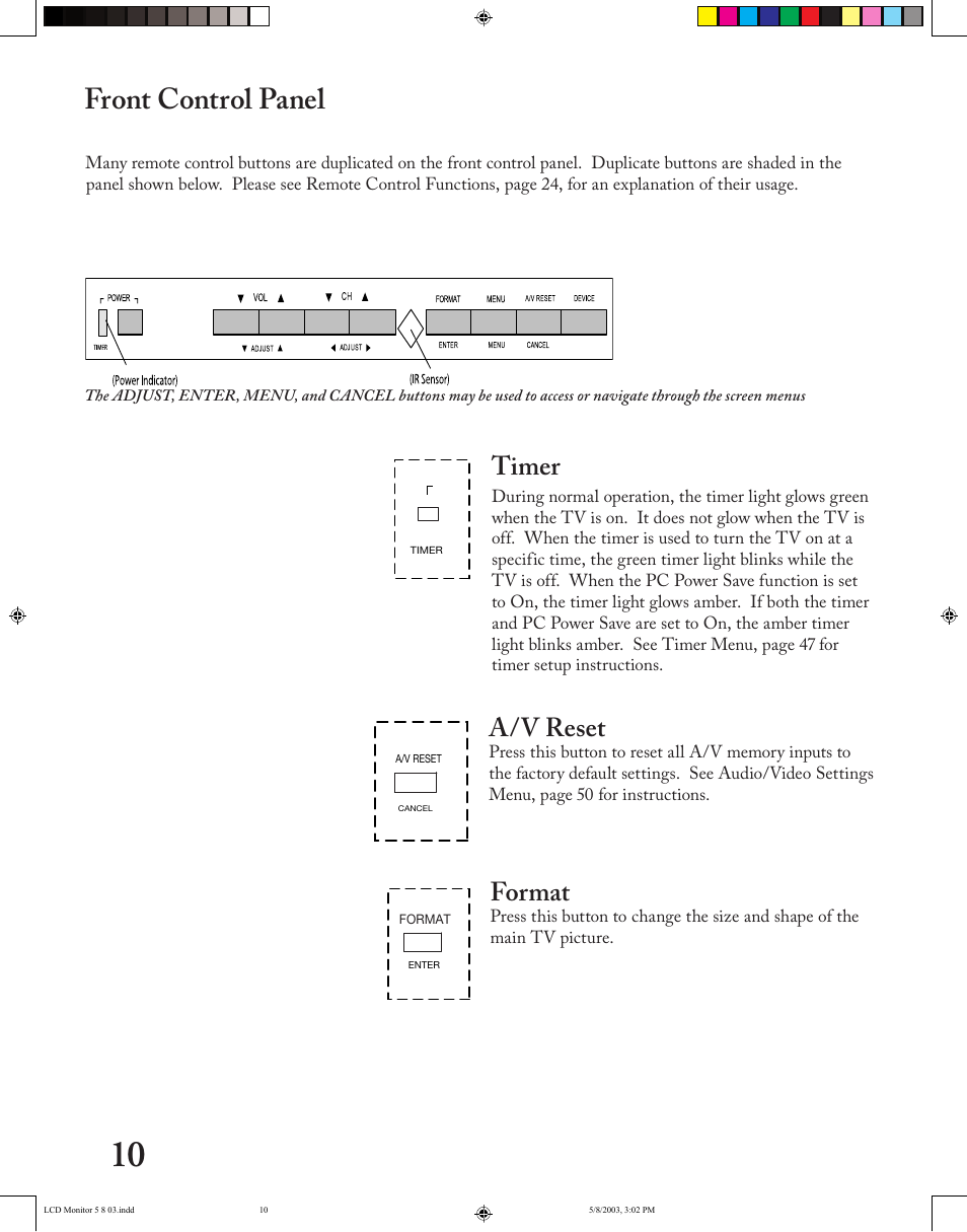 Front control panel, Timer, A/v reset | Format | MITSUBISHI ELECTRIC LT-2220/LT-3020 User Manual | Page 10 / 68