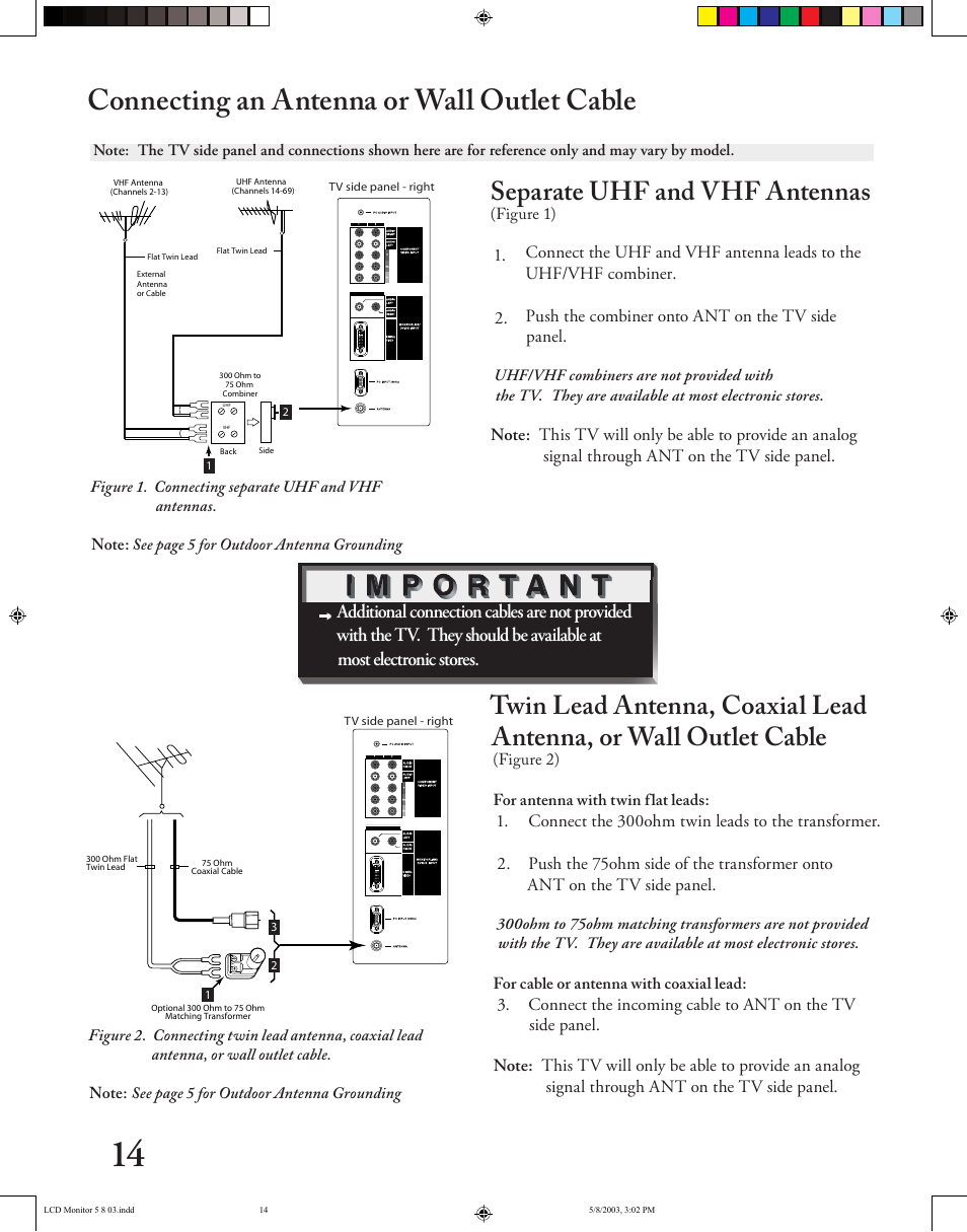 Connecting an antenna or wall outlet cable, Separate uhf and vhf antennas | MITSUBISHI ELECTRIC LT-2220/LT-3020 User Manual | Page 14 / 68