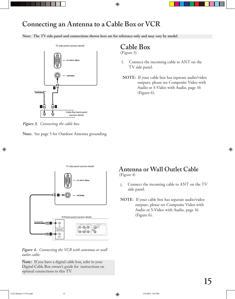 Cable box, Connecting an antenna to a cable box or vcr, Antenna or wall outlet cable | MITSUBISHI ELECTRIC LT-2220/LT-3020 User Manual | Page 15 / 68