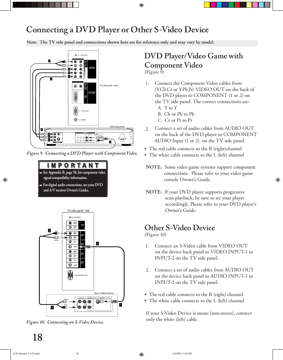 Connecting a dvd player or other s-video device, Dvd player/video game with component video, Other s-video device | Y to y, Cb or pb to pb, Figure 9), Figure 10) | MITSUBISHI ELECTRIC LT-2220/LT-3020 User Manual | Page 18 / 68