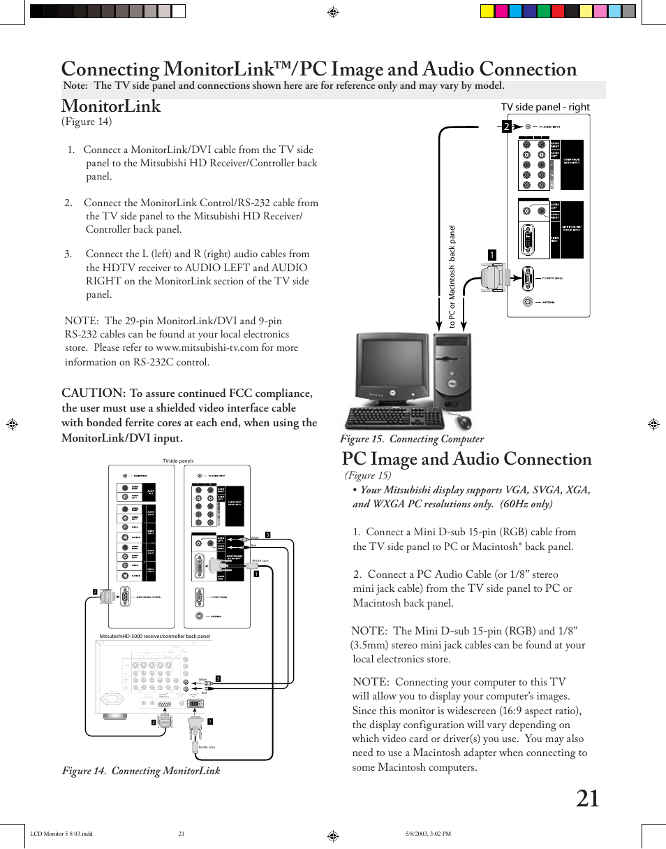 Monitorlink, Pc image and audio connection, Caution | Figure 14. connecting monitorlink | MITSUBISHI ELECTRIC LT-2220/LT-3020 User Manual | Page 21 / 68