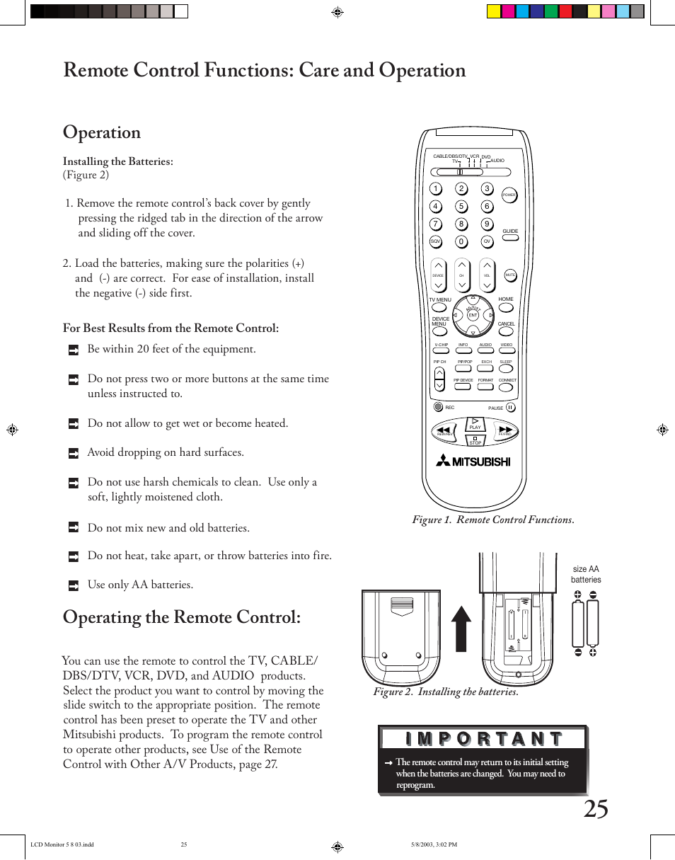 Remote control functions: care and operation, Operation, Operating the remote control | MITSUBISHI ELECTRIC LT-2220/LT-3020 User Manual | Page 25 / 68