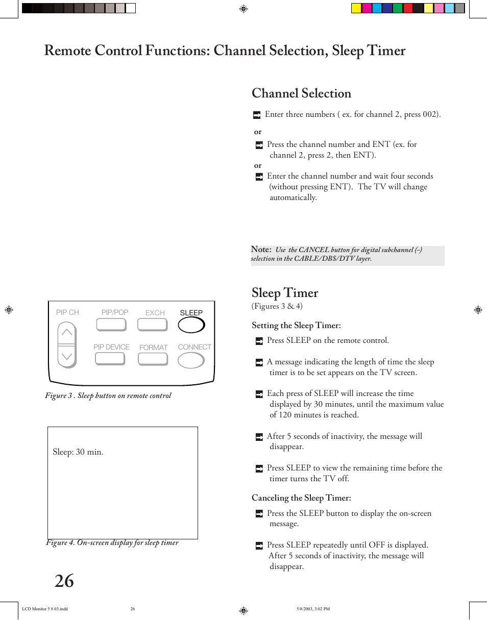 Channel selection, Sleep timer | MITSUBISHI ELECTRIC LT-2220/LT-3020 User Manual | Page 26 / 68