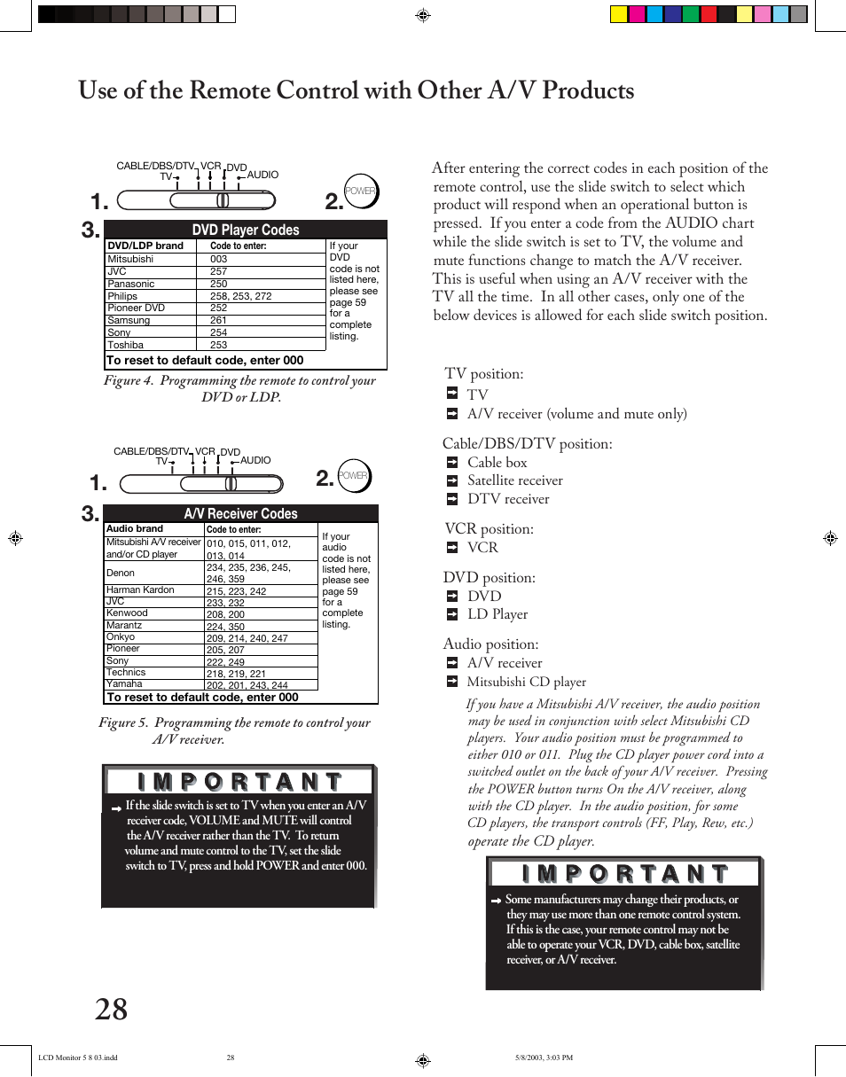 Use of the remote control with other a/v products | MITSUBISHI ELECTRIC LT-2220/LT-3020 User Manual | Page 28 / 68