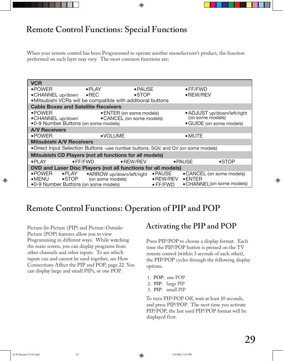 Remote control functions: special functions, Remote control functions: operation of pip and pop, Activating the pip and pop | MITSUBISHI ELECTRIC LT-2220/LT-3020 User Manual | Page 29 / 68