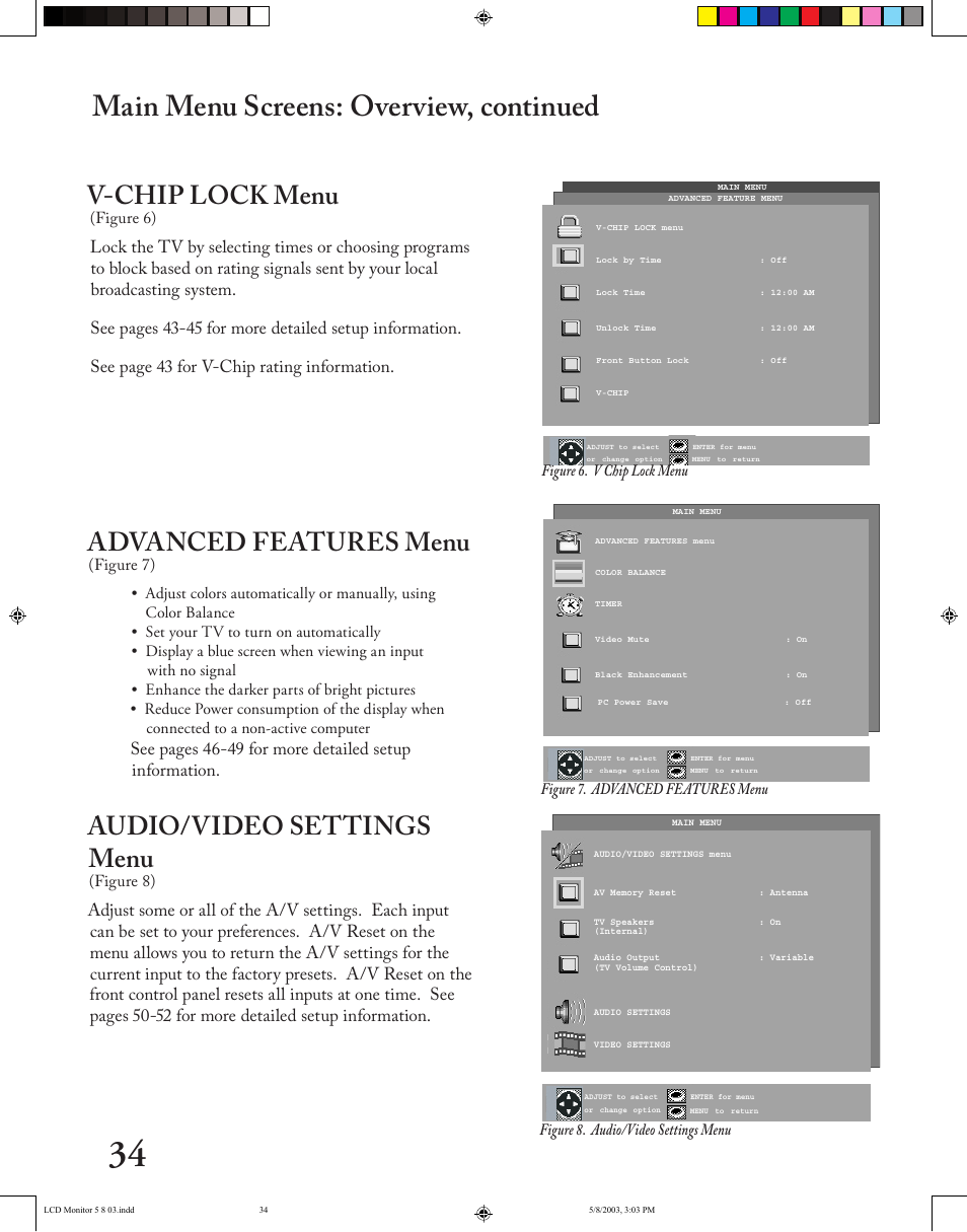 Main menu screens: overview, continued, Audio/video settings menu, V-chip lock menu | Advanced features menu | MITSUBISHI ELECTRIC LT-2220/LT-3020 User Manual | Page 34 / 68