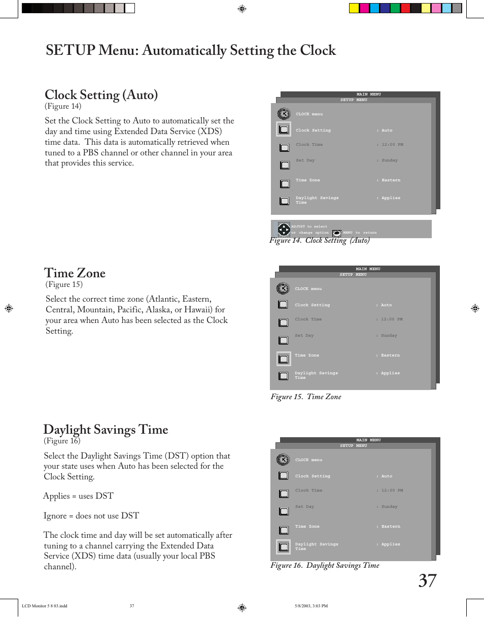 Setup menu: automatically setting the clock, Clock setting (auto), Time zone | Daylight savings time, Figure 14. clock setting (auto) | MITSUBISHI ELECTRIC LT-2220/LT-3020 User Manual | Page 37 / 68