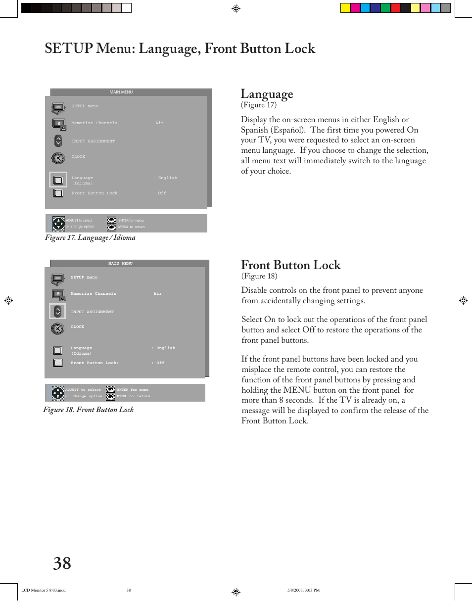 Setup menu: language, front button lock, Language, Front button lock | MITSUBISHI ELECTRIC LT-2220/LT-3020 User Manual | Page 38 / 68