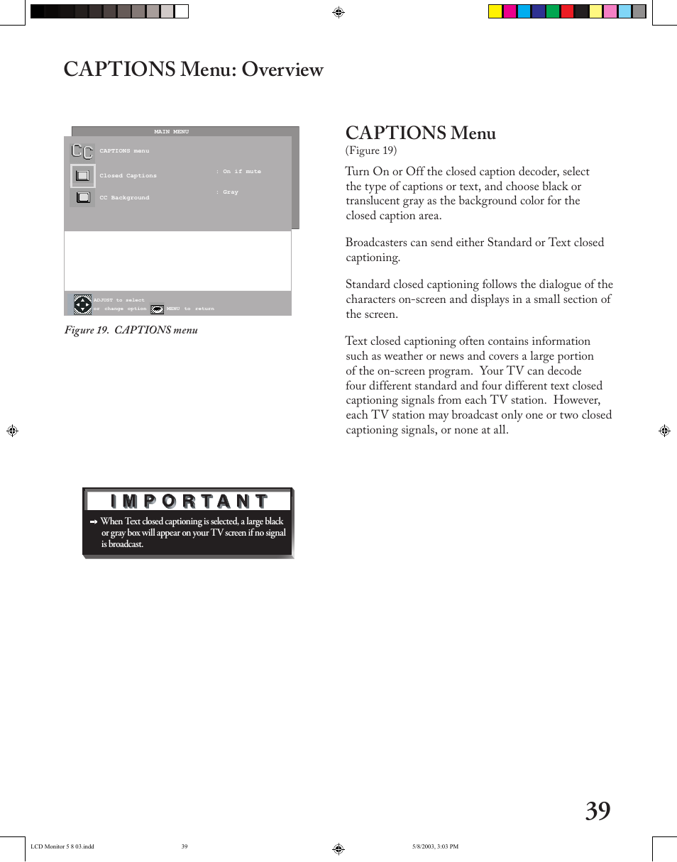 Captions menu: overview, Captions menu | MITSUBISHI ELECTRIC LT-2220/LT-3020 User Manual | Page 39 / 68