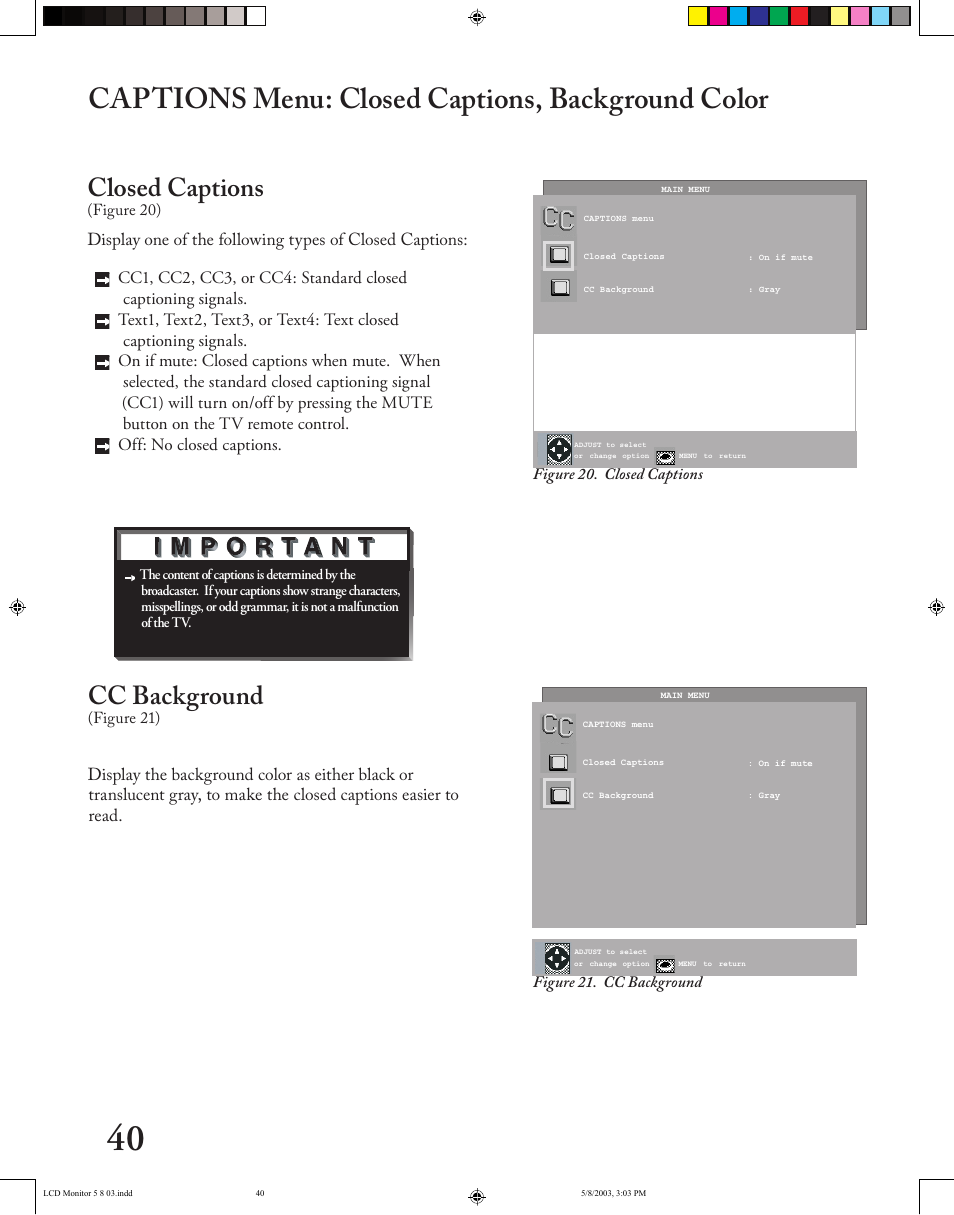 Captions menu: closed captions, background color, Closed captions, Cc background | MITSUBISHI ELECTRIC LT-2220/LT-3020 User Manual | Page 40 / 68