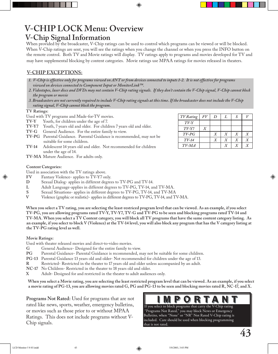 V-chip lock menu: overview, V-chip signal information | MITSUBISHI ELECTRIC LT-2220/LT-3020 User Manual | Page 43 / 68