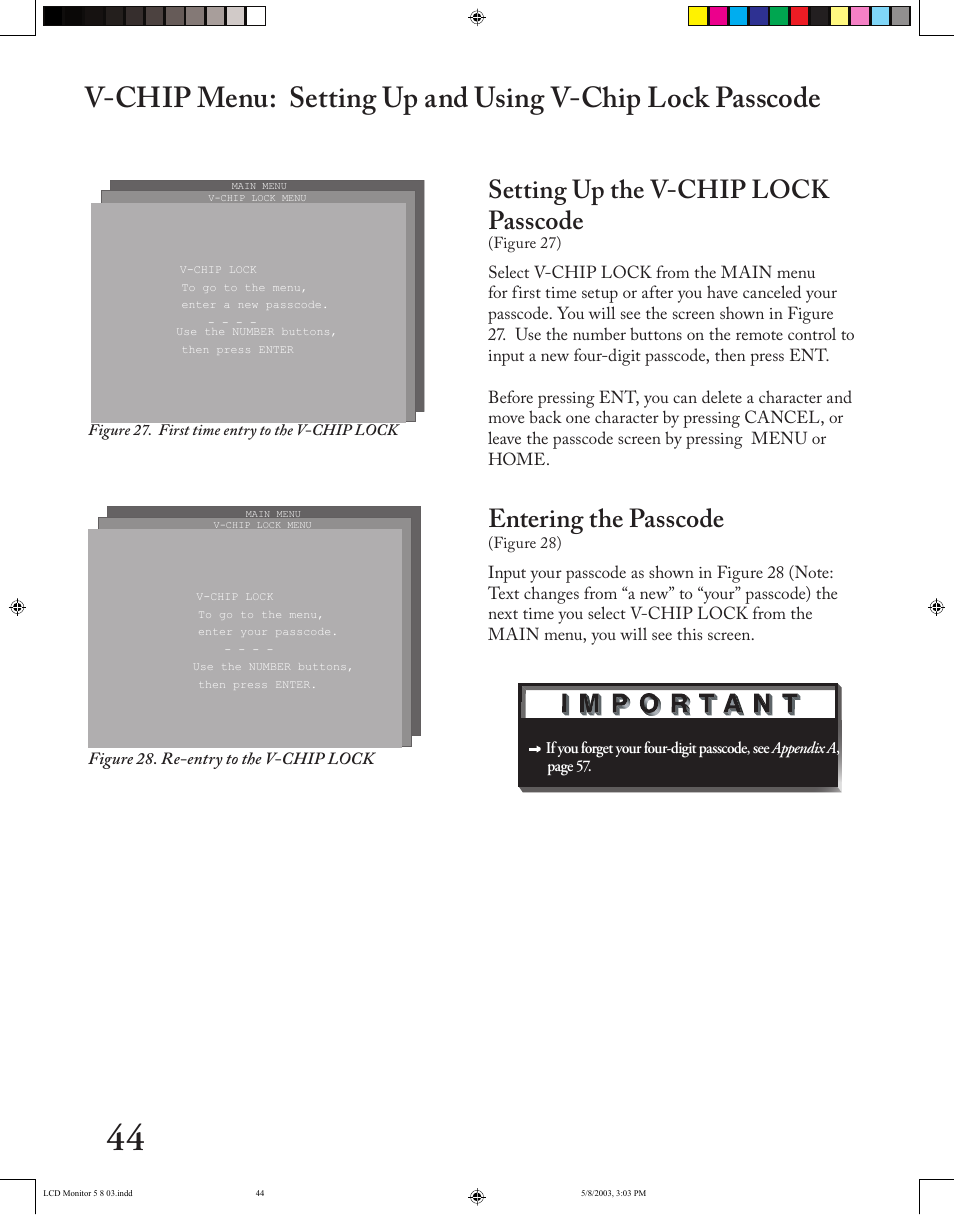 Setting up the v-chip lock passcode, Entering the passcode | MITSUBISHI ELECTRIC LT-2220/LT-3020 User Manual | Page 44 / 68