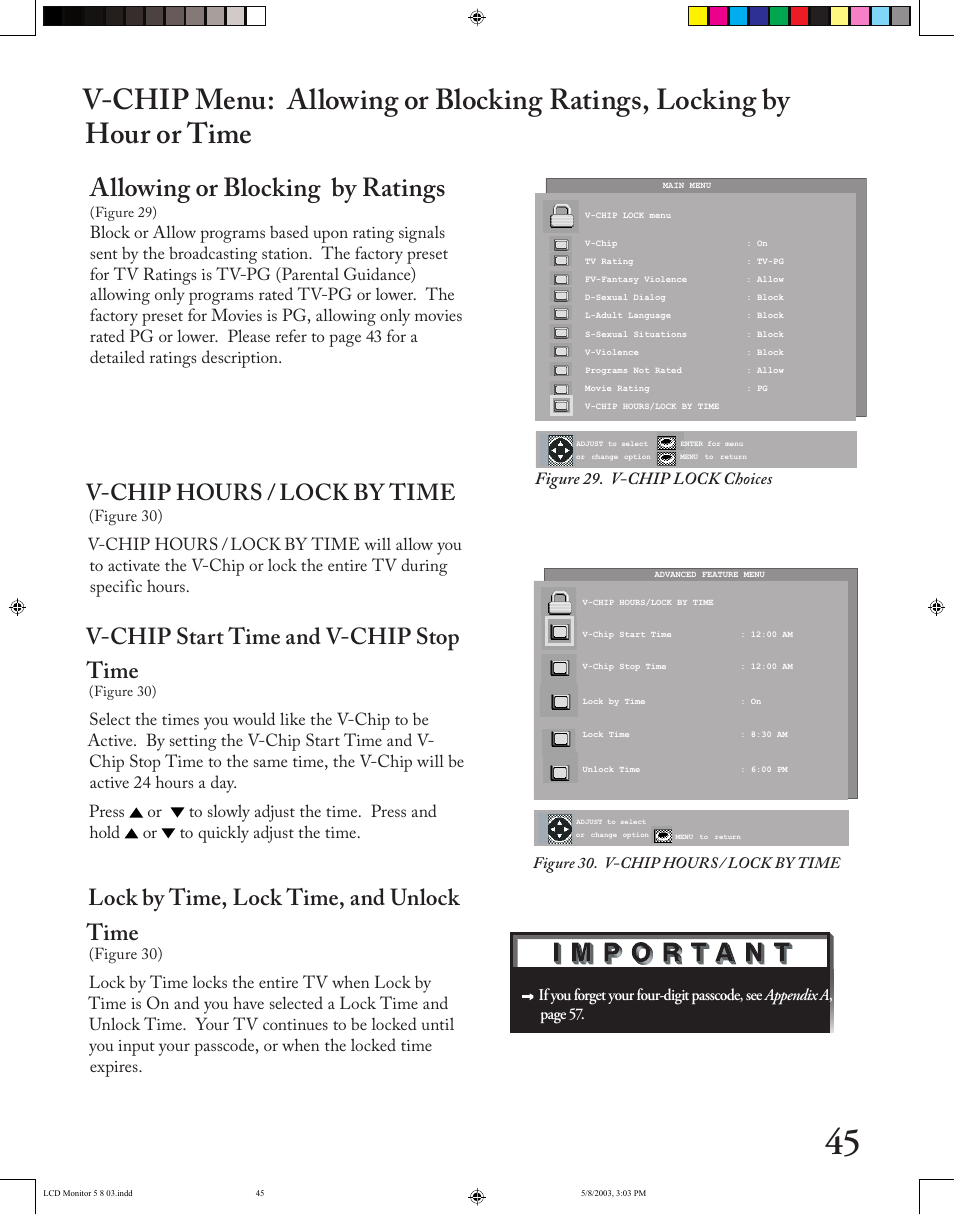 Allowing or blocking by ratings, V-chip hours / lock by time, V-chip start time and v-chip stop time | Lock by time, lock time, and unlock time | MITSUBISHI ELECTRIC LT-2220/LT-3020 User Manual | Page 45 / 68