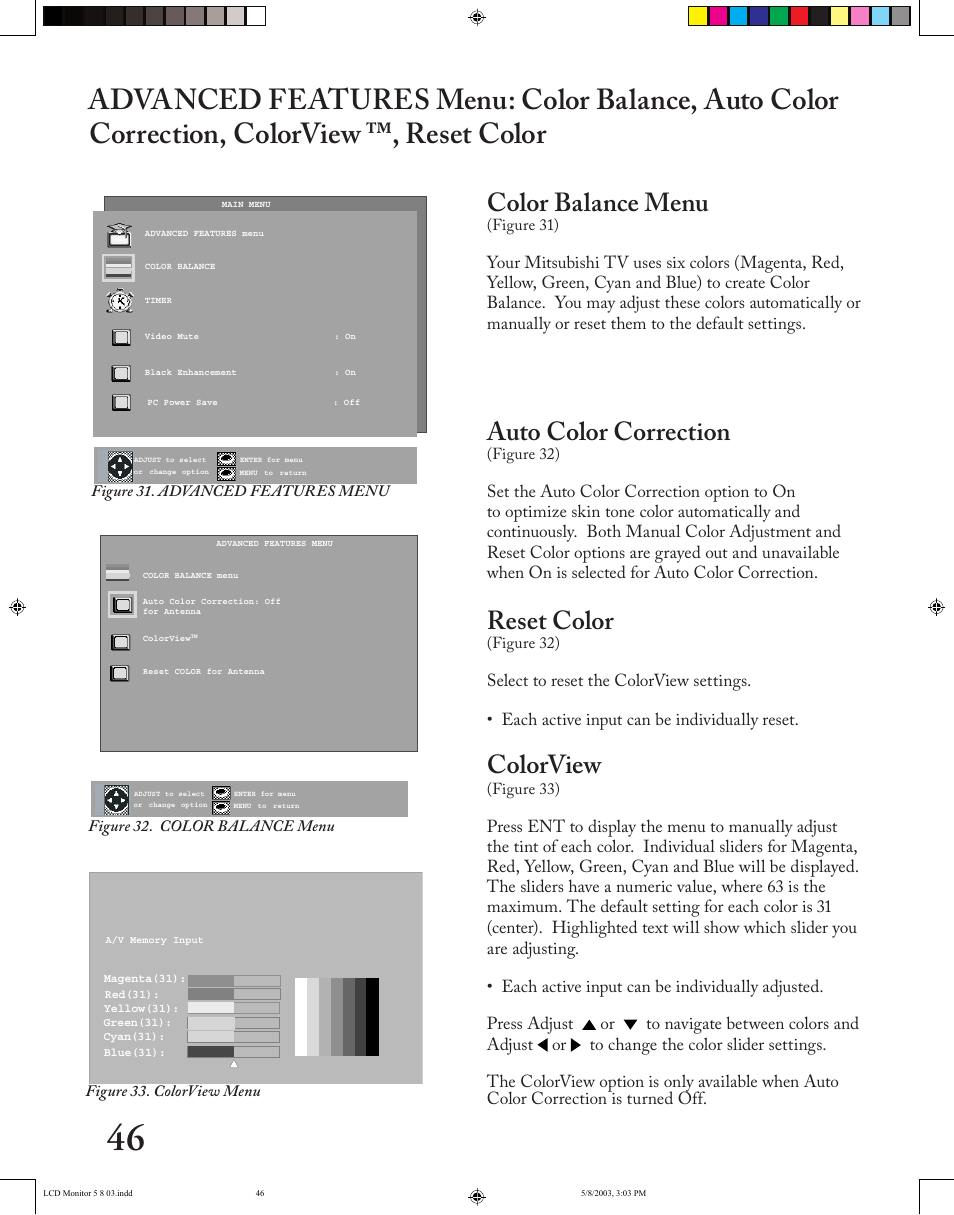 Color balance menu, Auto color correction, Reset color | Colorview | MITSUBISHI ELECTRIC LT-2220/LT-3020 User Manual | Page 46 / 68