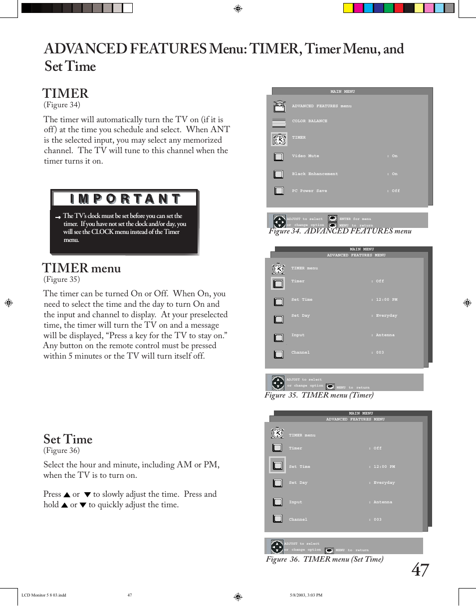 Timer menu, Set time, Timer | MITSUBISHI ELECTRIC LT-2220/LT-3020 User Manual | Page 47 / 68