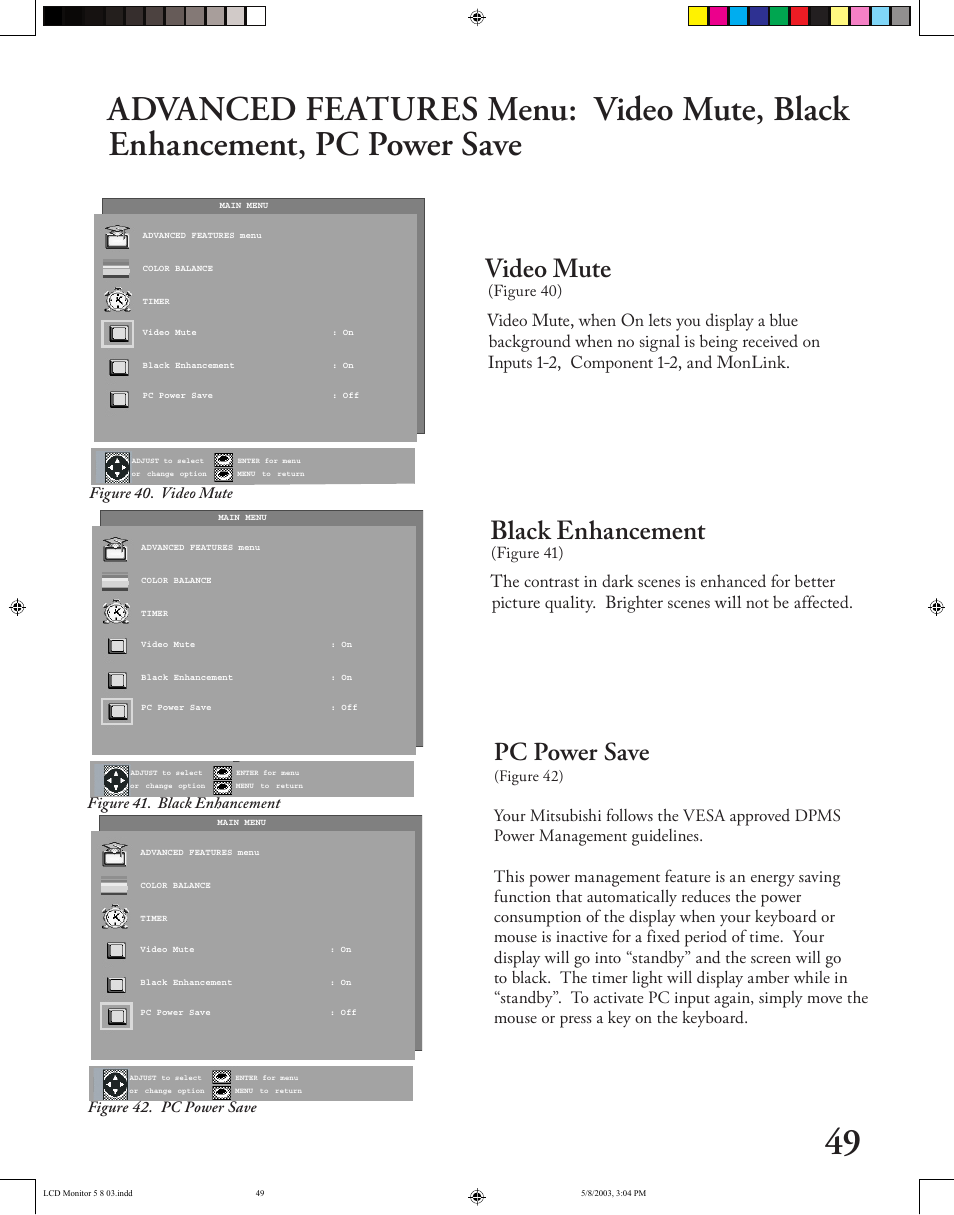 Video mute, Black enhancement, Pc power save | MITSUBISHI ELECTRIC LT-2220/LT-3020 User Manual | Page 49 / 68