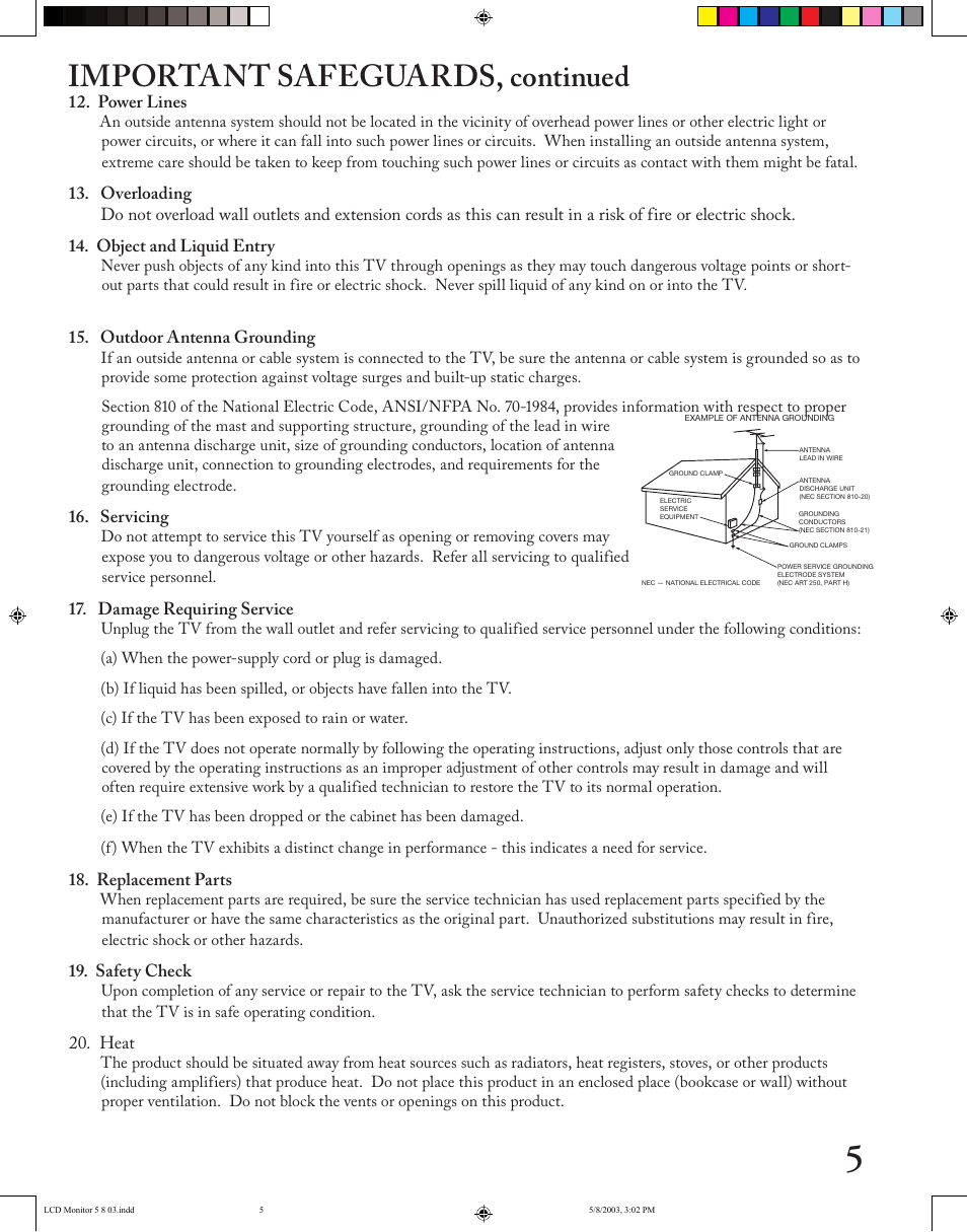 Important safeguards, Continued | MITSUBISHI ELECTRIC LT-2220/LT-3020 User Manual | Page 5 / 68