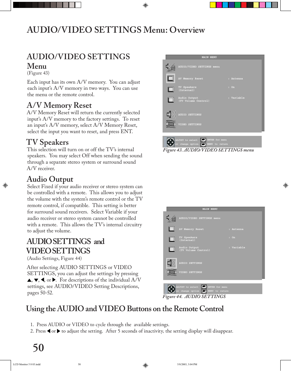 Audio/video settings menu: overview, Audio/video settings menu, Tv speakers | Audio output, Audio settings and video settings | MITSUBISHI ELECTRIC LT-2220/LT-3020 User Manual | Page 50 / 68