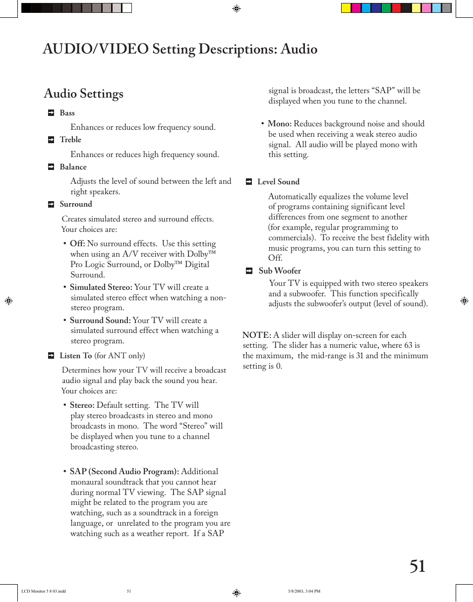 Audio/video setting descriptions: audio, Audio settings | MITSUBISHI ELECTRIC LT-2220/LT-3020 User Manual | Page 51 / 68