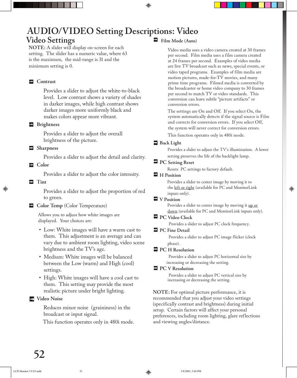 Chapter, Audio/video setting descriptions: video, Video settings | MITSUBISHI ELECTRIC LT-2220/LT-3020 User Manual | Page 52 / 68