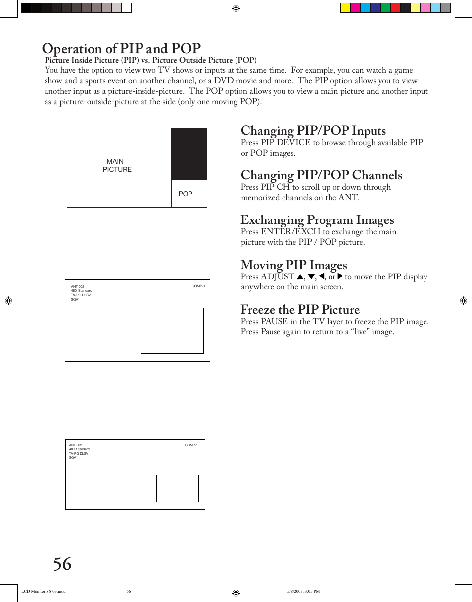 Operation of pip and pop, Changing pip/pop inputs, Changing pip/pop channels | Exchanging program images, Moving pip images, Freeze the pip picture | MITSUBISHI ELECTRIC LT-2220/LT-3020 User Manual | Page 56 / 68