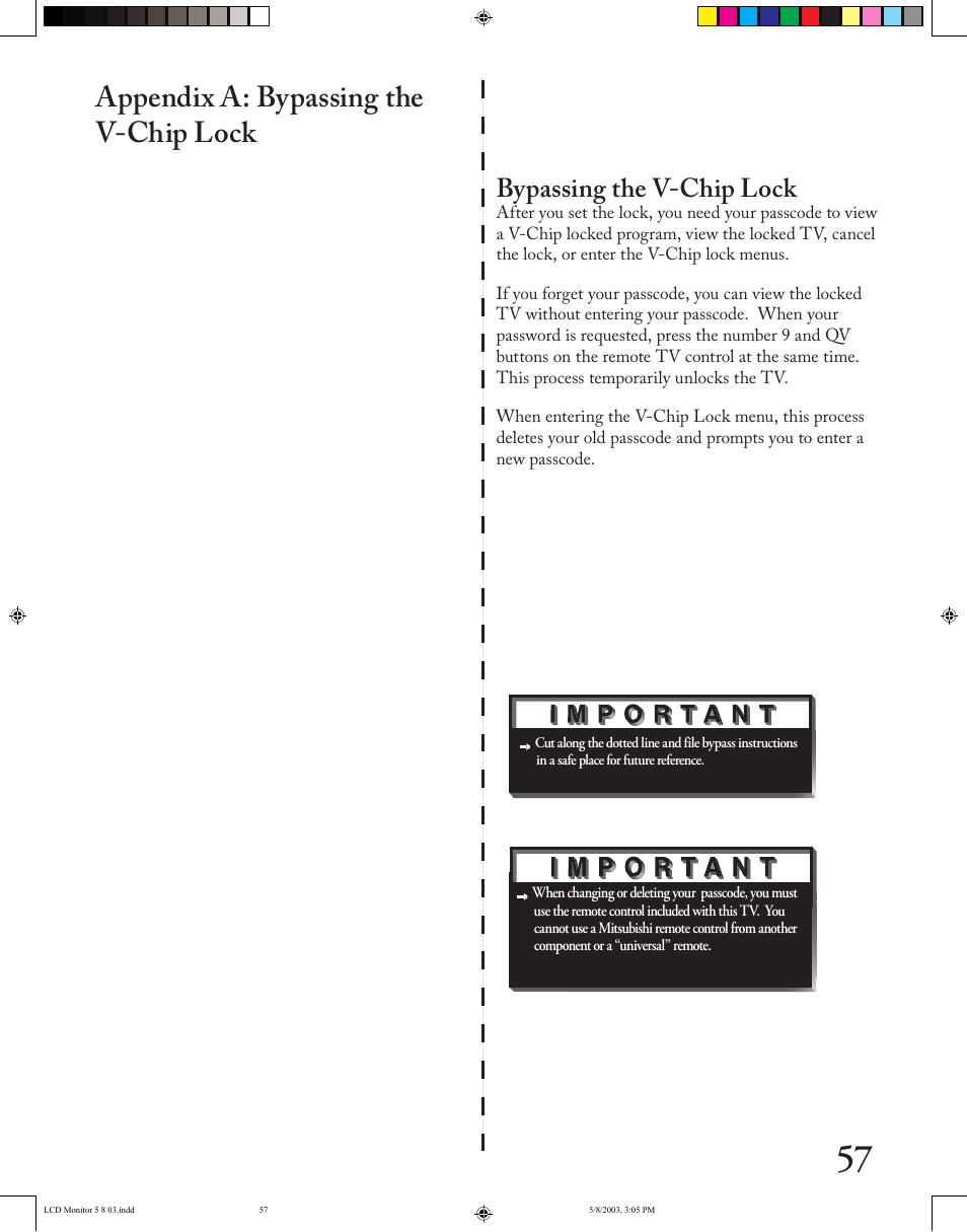 Appendix a: bypassing the v-chip lock, Bypassing the v-chip lock | MITSUBISHI ELECTRIC LT-2220/LT-3020 User Manual | Page 57 / 68