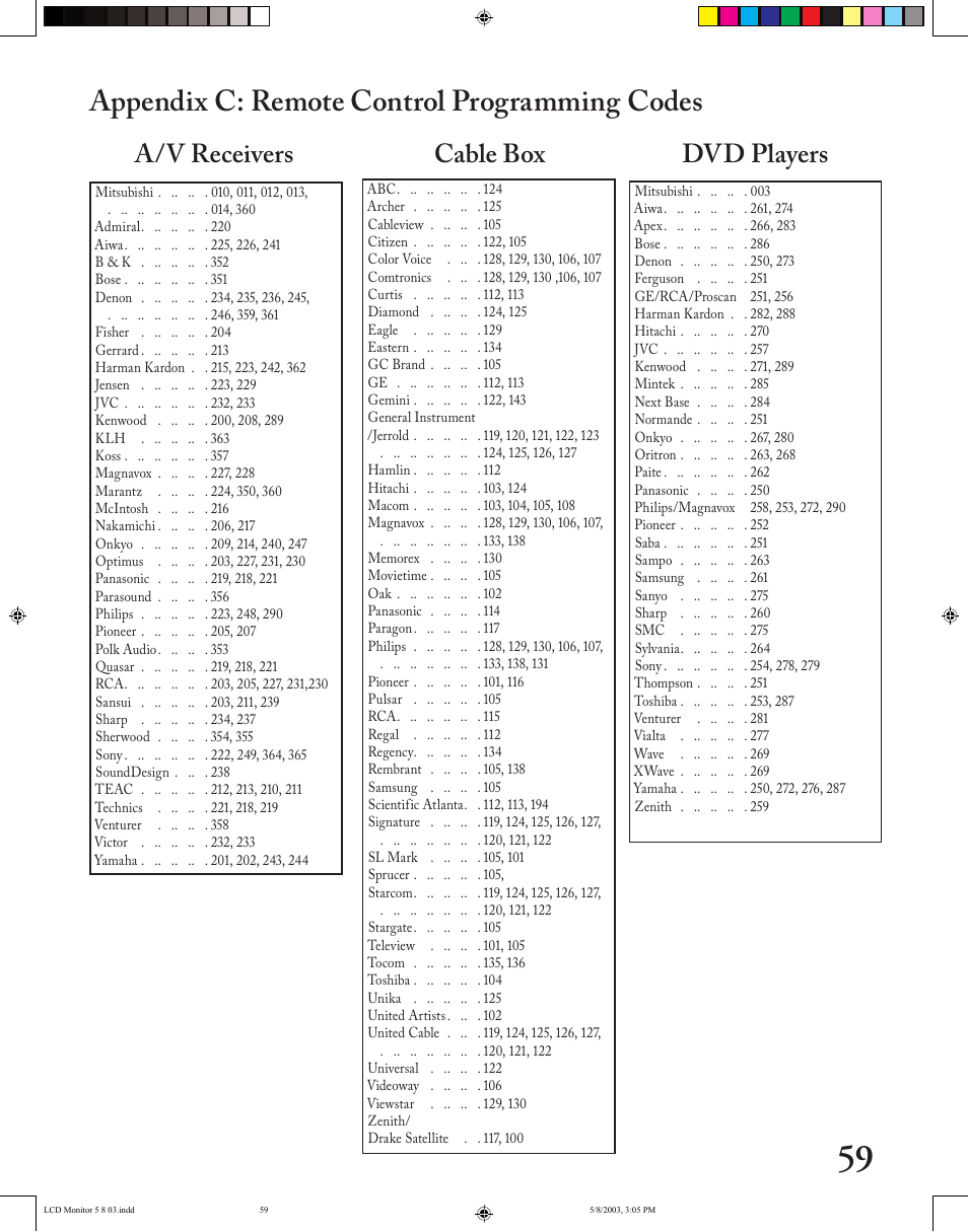 Appendix c: remote control programming codes, A/v receivers, Dvd players | Cable box | MITSUBISHI ELECTRIC LT-2220/LT-3020 User Manual | Page 59 / 68