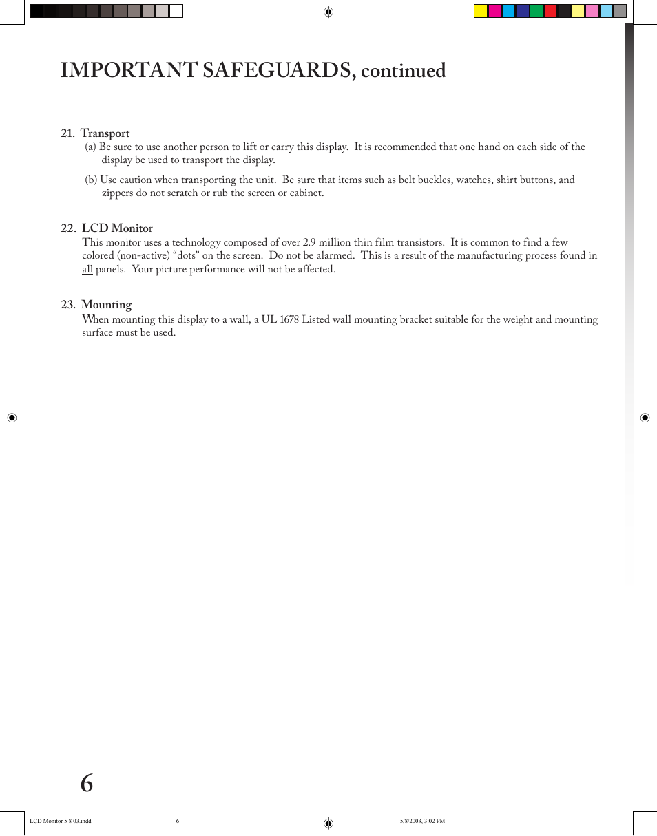 Chapter, Important safeguards, continued | MITSUBISHI ELECTRIC LT-2220/LT-3020 User Manual | Page 6 / 68