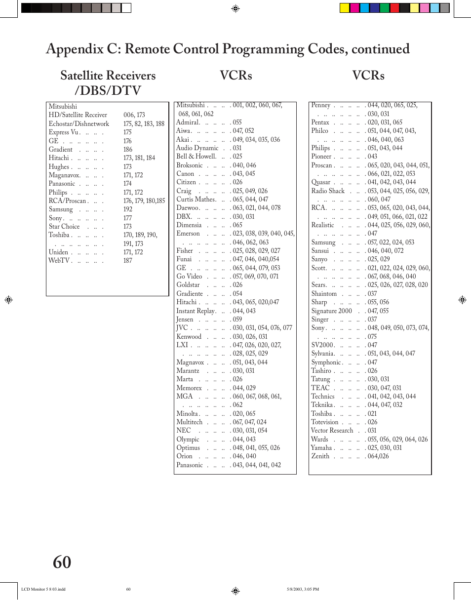 Satellite receivers /dbs/dtv, Vcrs | MITSUBISHI ELECTRIC LT-2220/LT-3020 User Manual | Page 60 / 68