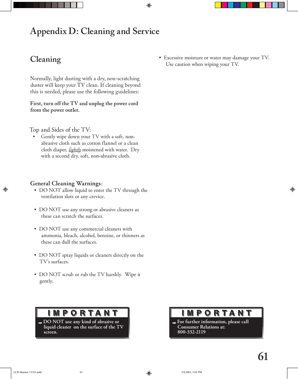 Appendix d: cleaning and service, Cleaning | MITSUBISHI ELECTRIC LT-2220/LT-3020 User Manual | Page 61 / 68