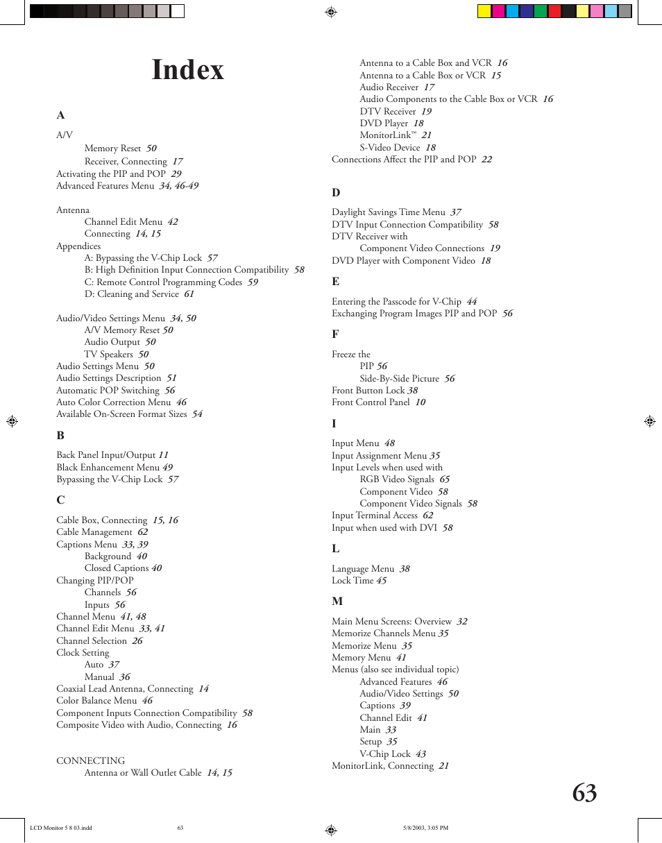 Index | MITSUBISHI ELECTRIC LT-2220/LT-3020 User Manual | Page 63 / 68