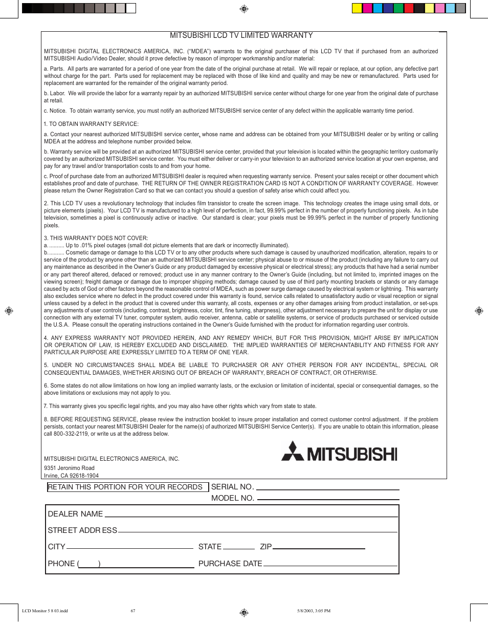 MITSUBISHI ELECTRIC LT-2220/LT-3020 User Manual | Page 67 / 68