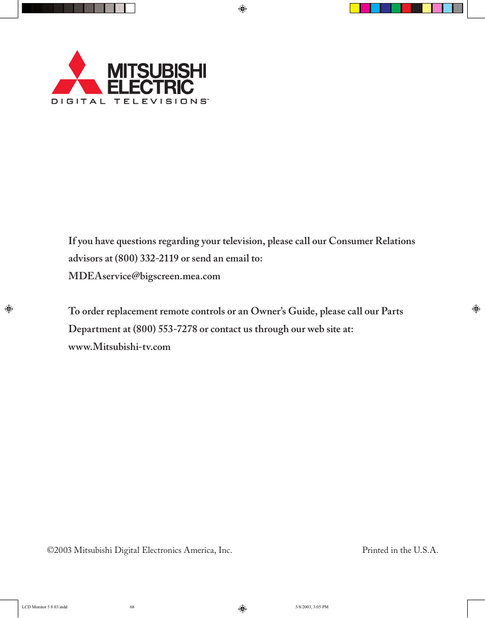 MITSUBISHI ELECTRIC LT-2220/LT-3020 User Manual | Page 68 / 68