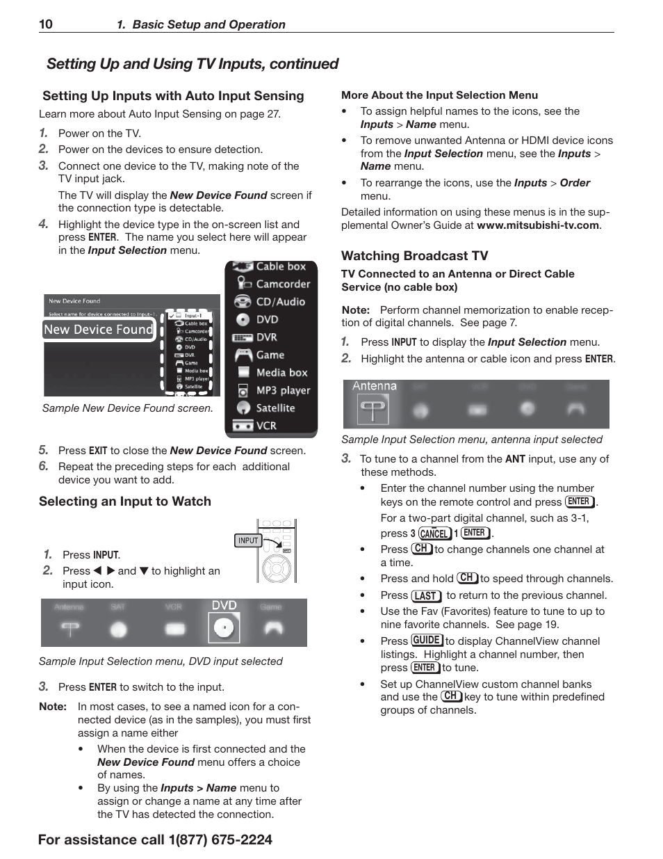 Setting up and using tv inputs, continued | MITSUBISHI ELECTRIC Mitsubishi Electric Laservue L75-A94 User Manual | Page 10 / 44